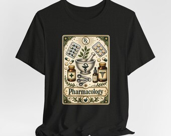 Pharmacology Tarot Card Tee | Rx mortar & pestle, pill bottles, botanical lab design