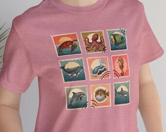 Vintage Marine Life Stamp tee | Retro Ocean Fish, Whale, Octopus, Turtle