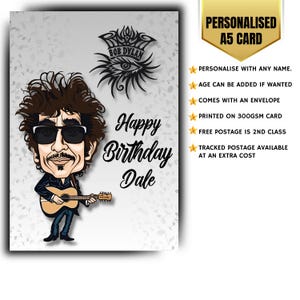 Tarjeta de felicitación de cumpleaños personalizada de un cantautor de los años 70 y 60 con un artista Dylan