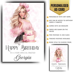 Tarjeta de cumpleaños personalizada para niñas, mujeres, glamour, moda, globos con nombre