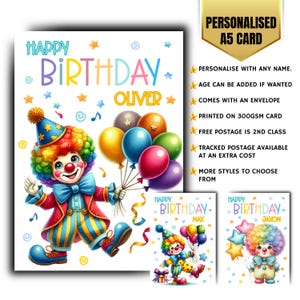Cartão de aniversário personalizado meninos meninas palhaços coloridos balões