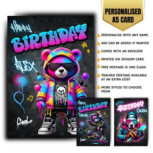 Carte d'anniversaire personnalisée graffiti néon garçons adolescents carte de voeux prénommée