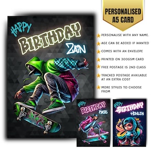 Personalisierte Geburtstagskarte Graffiti Neon Thema Skater Jugendliche namens Grußkarte