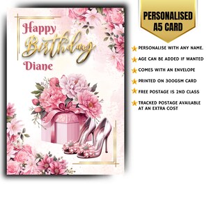 Tarjeta de cumpleaños personalizada, moda, glamour, tacones, mujeres, niñas, adolescentes, tarjeta a medida, hito de edad
