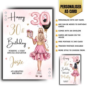 Tarjeta de cumpleaños personalizada para niñas, mujeres, glamour, moda, globos con nombre, cualquier edad