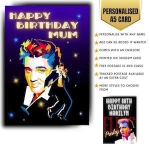 Tarjeta de cumpleaños personalizada, tarjeta de edad, música, rock n roll, años 70, rey del rock n roll