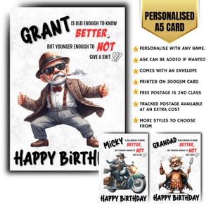 Biglietto di auguri di compleanno personalizzato, divertente e umoristico, con nome maschile. Biglietto da uomo.