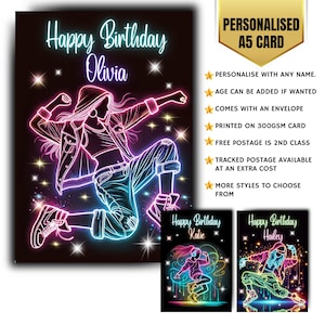 Biglietto di auguri di compleanno personalizzato per ragazze ballerina ragazza adolescente neon ragazza hip