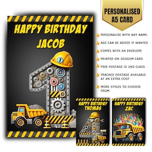 Carte d'anniversaire personnalisée pour garçons : pelles pour tracteurs de construction /