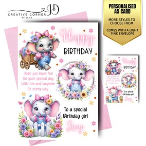 Personalisierte Mädchen Geburtstagskarte Ente Elefant Blumen niedlicher bunter Pastellregenbogen