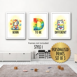 Personalised set of 3 kids wall prints autism ASD children’s bedroom print