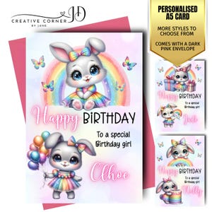 Tarjeta de cumpleaños personalizada para niñas con conejo, flores, lindos colores pastel y arcoíris