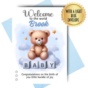 Gepersonaliseerde wenskaart pasgeboren babyjongen felicitaties welkom