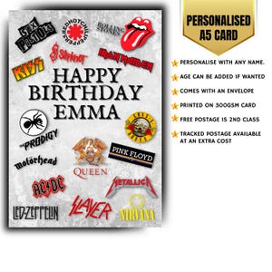 Carte d'anniversaire personnalisée, carte d'âge, musique rock n roll, groupes des années 70