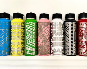 40oz Custom Polynesian Design Powder Coated/Paint Dipped Double Insulated Stainless Steel Water Bottles