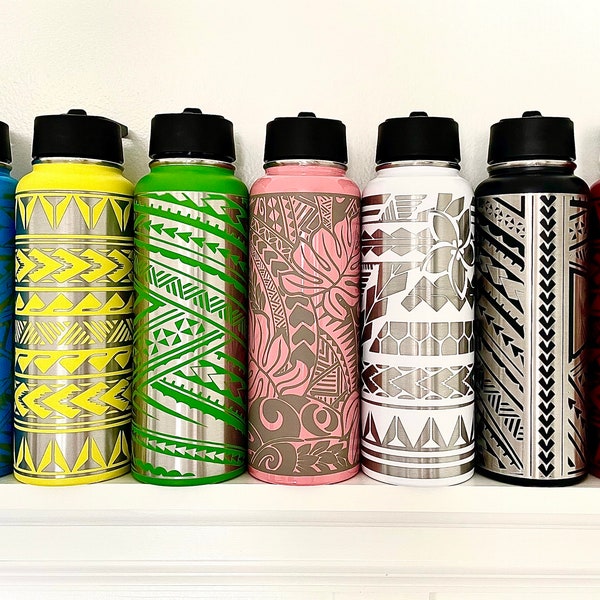 40oz Custom Polynesian Design Powder Coated/Paint Dipped Double Insulated Stainless Steel Water Bottles