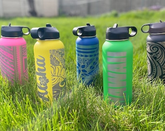 32oz Custom Polynesian Design Wrapped Powder Coated/Paint Dipped Stainless Steel Double Insulated Water Bottles