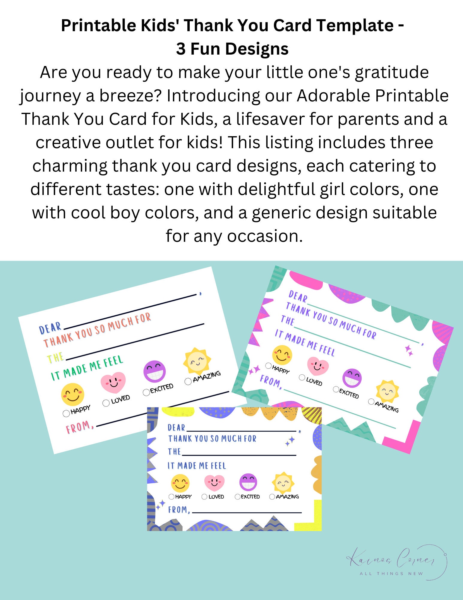 Printable Kids Thank You Cards - 3 Designs - Instant Digital Download ...