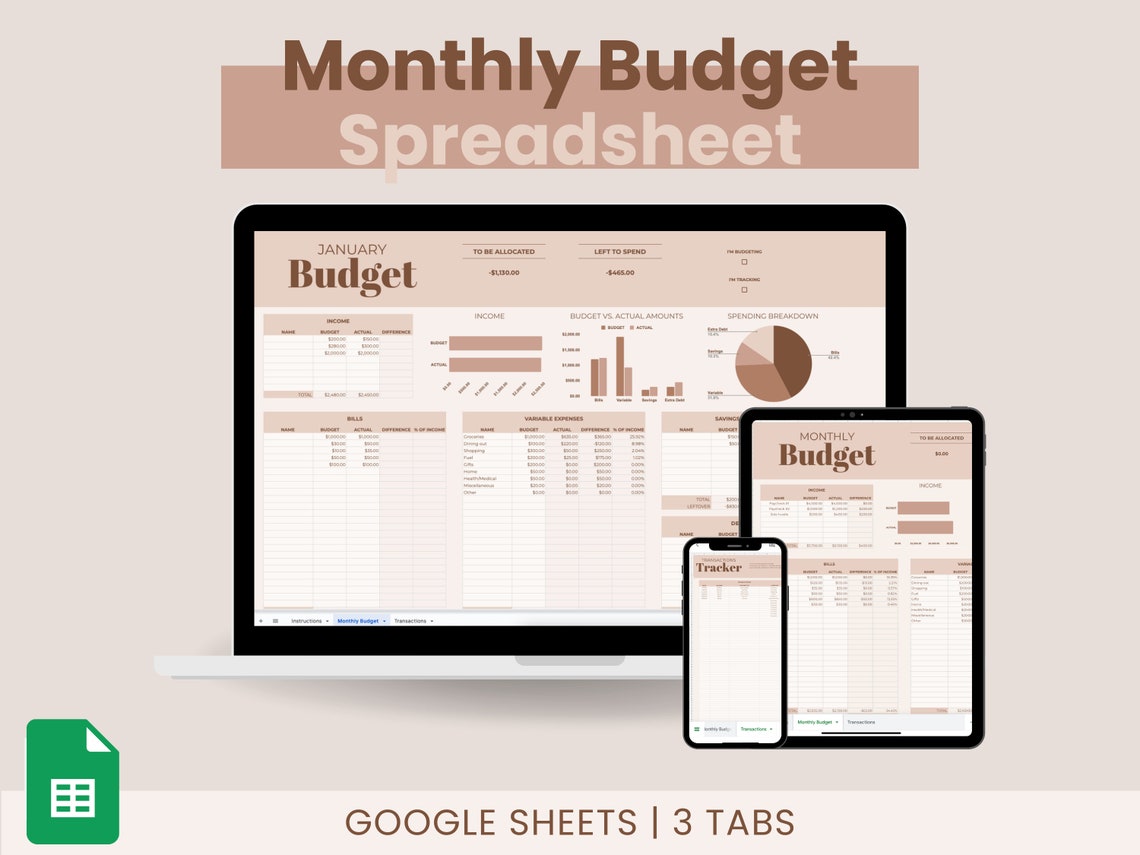 Monthly Budget Spreadsheet for Google Sheets, Zero Based Budget ...