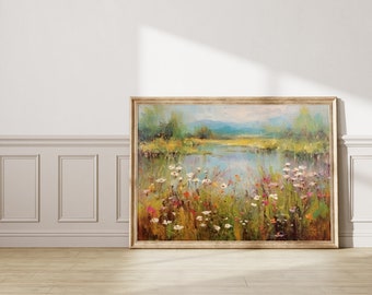 Rustic Charm of Nature, Vibrant Meadow Landscape Digital Print, Serene Nature Scene Wall Art, Country Meadow Wildflowers art, Gift for her