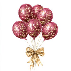 10 Burgundy red Balloons with gold glitter JPEG Clipart, Watercolor Invitation Card clipart , Digital download, Scrapbook, junk journal