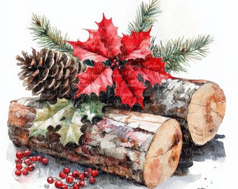10 Christmas Floral Wood Logs Clipart, Digital Paper, Watercolor Ephemera clipart, JPEG Clipart , Digital download, Scrapbook , junk journal