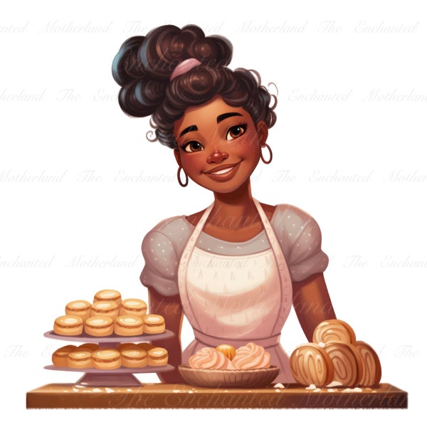 African baker clipart for bakery designs Black girl chef baking clip art cupcakes clipart, African American girl baking pastries clipart