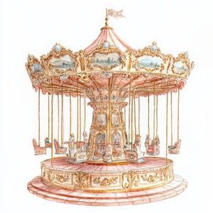 10 Fairytale Royal Carousel JPEG Clipart, Watercolor Birthday Party Invitation , Digital download, Kid Room Decor, Art Print ,Junk journal
