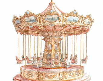 10 Fairytale Royal Carousel JPEG Clipart, Watercolor Birthday Party Invitation , Digital download, Kid Room Decor, Art Print ,Junk journal