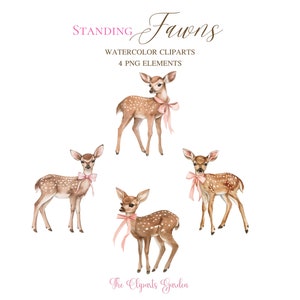 Coquette Deer Fawn Acuarela 4 Lindo bebé ciervo de pie con un lazo rosa Clipart - Nursery Baby Chinoiserie cliparts PNG - Aquarelle Bundle