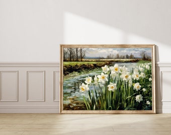 Vintage Countryside Daffodils Flowers, Printable Cottagecore Decor Art, Rustic Waterfront Florals, Lakeside Spring Cottagecore Oil Painting