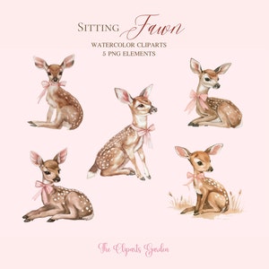 Coquette Deer Kitz Aquarell 5 süße Baby Rehe sitzend mit einer rosa Schleife Clipart - Kinderzimmer Baby Chinoiserie Cliparts PNG - Aquarell Bundle