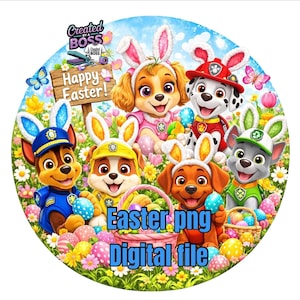 May include: A digital image featuring cartoon puppies dressed as Easter bunnies. The image includes the text "Happy Easter!" and "Easter png Digital file". The puppies are surrounded by Easter eggs and flowers.