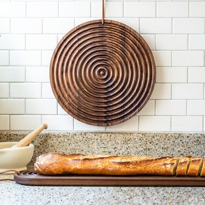 Grain Round Bread Board by Fire Road – Crumb Catching Grooves, Leather Tie, Beautiful Cutting Board & Wall Art for Your Kitchen