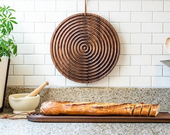 Round Bread Board: Maple or Walnut, Crumb Grooves, Leather Tie