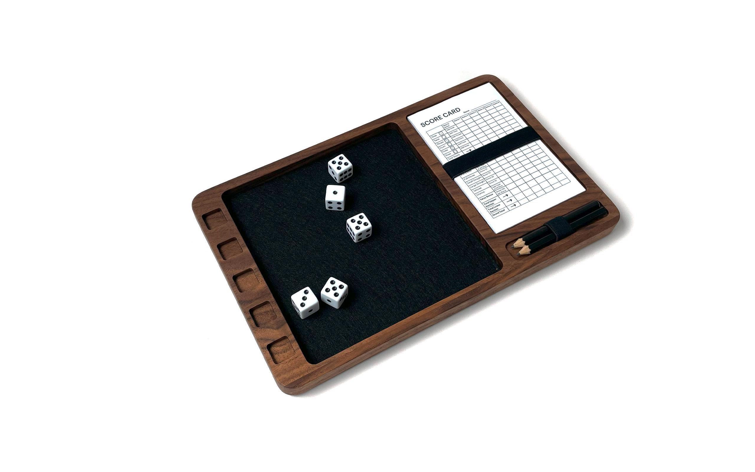 Classic Dice Tray by Fire Road – Luxury Wood Tray with Felt Bottom for Yahtzee | Includes Score Pad, Pencils & Dice