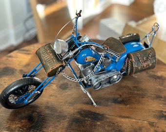 Handmade Large Vintage Heavy Iron American cowboy Blue motorcycle model Indoor decoration Old Motorbike Gift Idea 18*8.5*7 inch