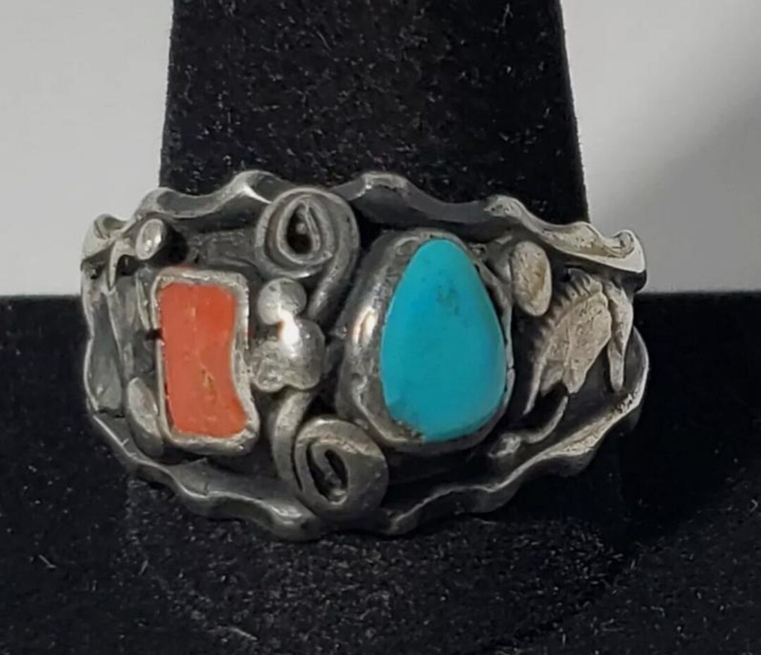 Vintage Sterling Silver SOUTHWEST Navajo Turquoise Coral Adjustable ...
