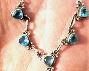 Vintage Sterling Silver Bali Handmade Blue Topaz Drop Pendant Necklace