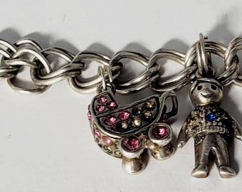 Vintage Sterling Silver Link Charm Bracelet w 10 Charms Lot 7"