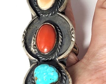 Vtg Sterling Silver SOUTHWEST Navajo Turquoise Coral Shell Starement Ring Sz 7