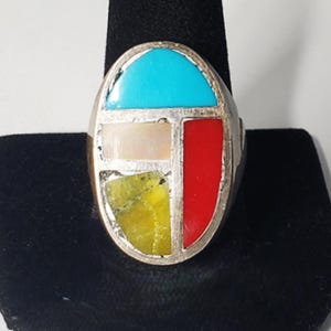 Vtg Sterling Silver SOUTHWEST Navajo Turquoise Coral Inlaid Band Ring Size 11