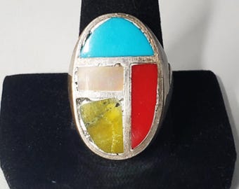 Vtg Sterling Silver SOUTHWEST Navajo Turquoise Coral Inlaid Band Ring Size 11