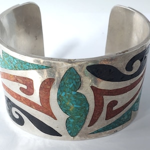 Vintage Sterling Silber SÜDWEST Native Inlay Overlay Türkis & Koralle Manschette