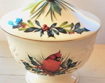 Vtg LENOX Winter Greetings Footed Candy Dish Home Collection Catherine McClung