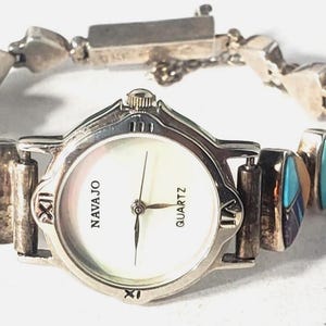 Vtg Sterling Silver SOUTHWEST Navajo Inlaid Bracelet Band & *NAVAJO* Watch