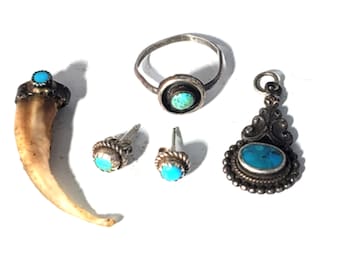 Vintage Sterling Silver SOUTHWESTERN & Navajo Turquoise Mixed Jewelry Lot 5 Pcs