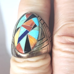 Anello intarsiato SOUTHWESTERN C Pollack Relios vintage in argento sterling, lotto ~ misura 6,5