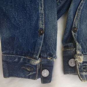 May include: Close-up of the cuffs of a blue denim jacket with metal rivets and a faded look. The cuffs are frayed and worn, showing signs of age and use.