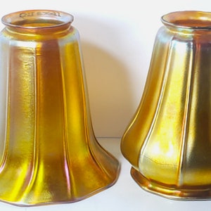 Antique QUEZAL Gold Aurene Glass Trumpet Lily Sconce Chandelier Shades Lot of 2